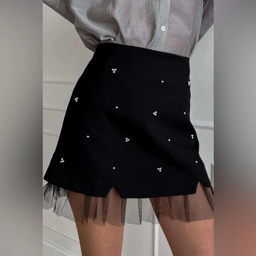 Pearl embellished black mini skirt with ruffle hem mesh detail - Picture 4 of 6